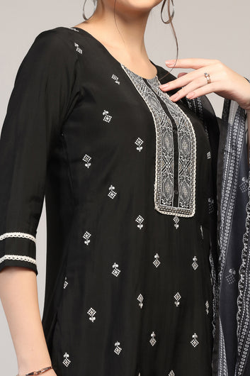 Womens Black Cotton Blend Embroidered Ankle Length Straight Kurta And Trouser With Dupatta Set