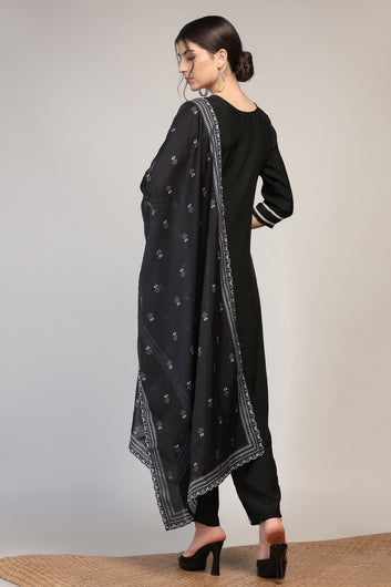 Womens Black Cotton Blend Embroidered Ankle Length Straight Kurta And Trouser With Dupatta Set