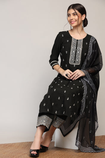 Womens Black Cotton Blend Embroidered Ankle Length Straight Kurta And Trouser With Dupatta Set