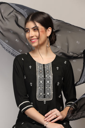 Womens Black Cotton Blend Embroidered Ankle Length Straight Kurta And Trouser With Dupatta Set