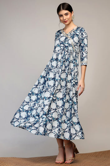 Womens Blue Muslin Floral Printed A-Line Calf Length Dress