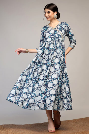 Womens Blue Muslin Floral Printed A-Line Calf Length Dress