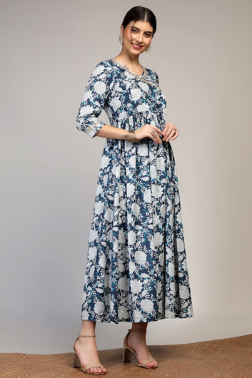 Womens Blue Muslin Floral Printed A-Line Calf Length Dress