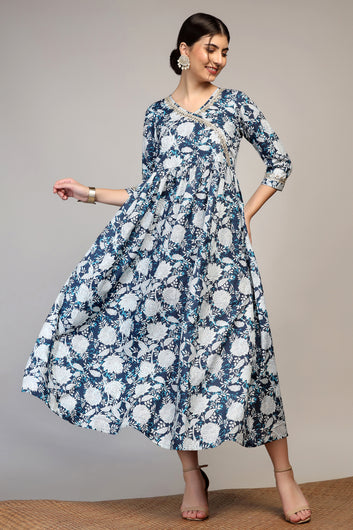 Womens Blue Muslin Floral Printed A-Line Calf Length Dress