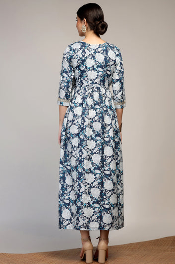 Womens Blue Muslin Floral Printed A-Line Calf Length Dress