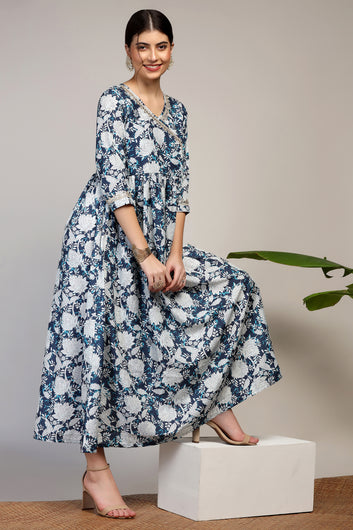 Womens Blue Muslin Floral Printed A-Line Calf Length Dress