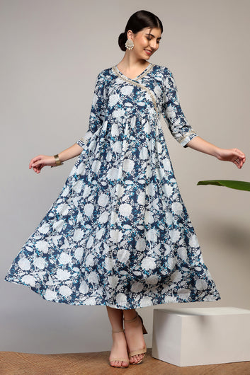 Womens Blue Muslin Floral Printed A-Line Calf Length Dress