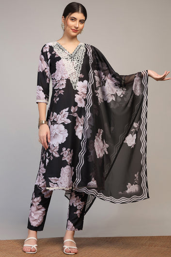 Womens Black Cotton Blend Floral Printed Calf Length Kurta And Trouser With Dupatta Set