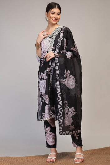 Womens Black Cotton Blend Floral Printed Calf Length Kurta And Trouser With Dupatta Set