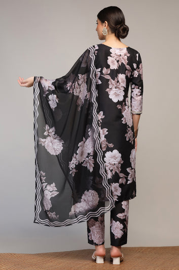 Womens Black Cotton Blend Floral Printed Calf Length Kurta And Trouser With Dupatta Set