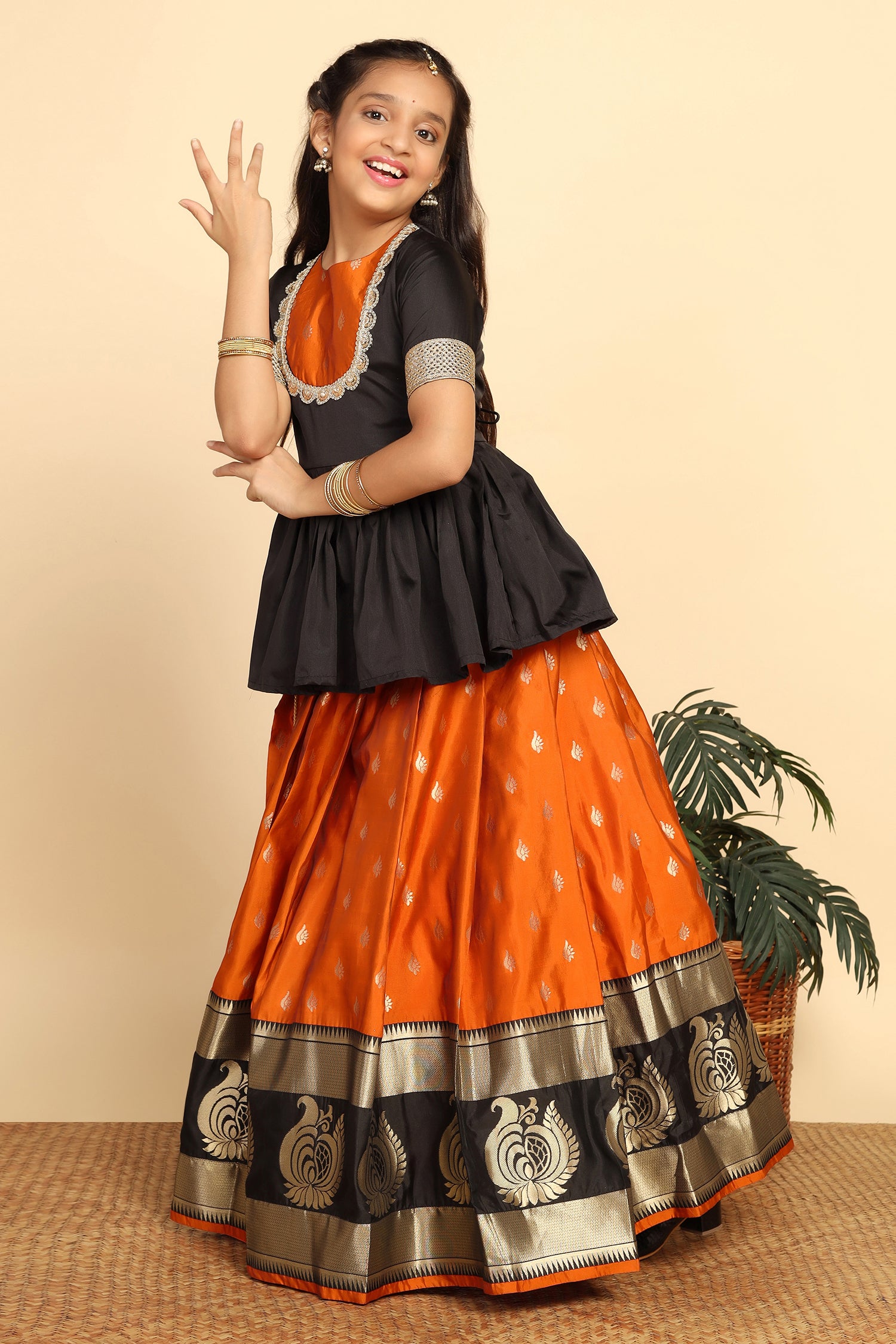 Buy S SALWAR STUDIO Women's Black & Orange Brocade Silk readymade Free size  Lehenga Choli with Dupatta(SOM-0036922_Orange_Free Size) at Amazon.in