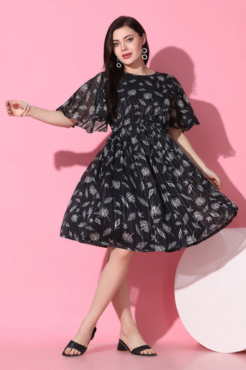 Womens Black Georgette All-Over Printed Above Knee Length Dress