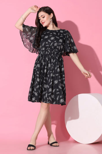 Womens Black Georgette All-Over Printed Above Knee Length Dress