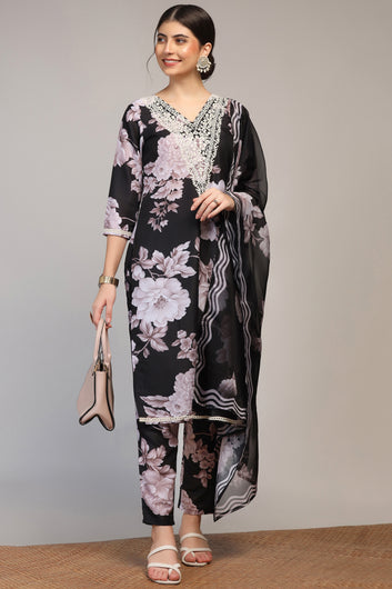 Womens Black Cotton Blend Floral Printed Calf Length Kurta And Trouser With Dupatta Set