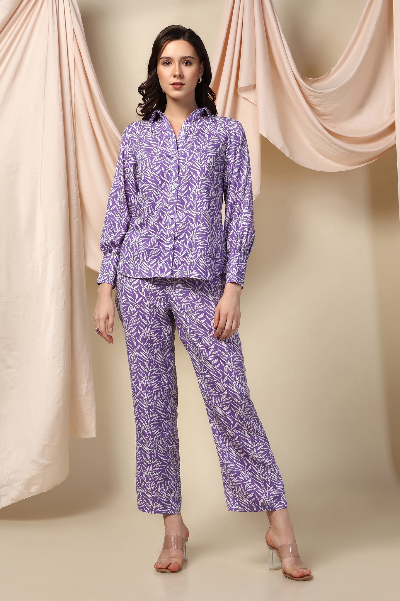 Womens Purple BSY Polyester Leaf Printed Top With Trouser Set