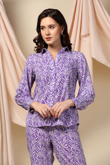 Womens Purple BSY Polyester Leaf Printed Top With Trouser Set