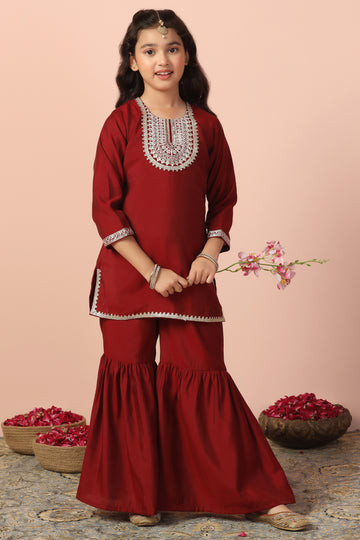 Girl's Chanderi Silk Embroidered Rani Short kurta and Sharara Set