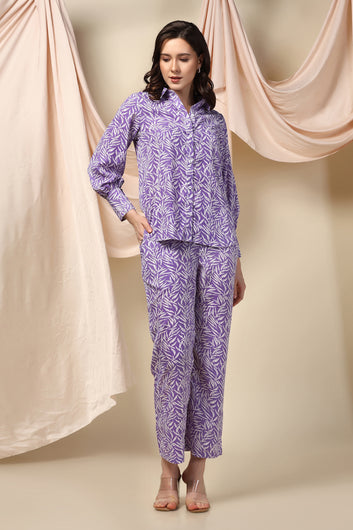 Womens Purple BSY Polyester Leaf Printed Top With Trouser Set