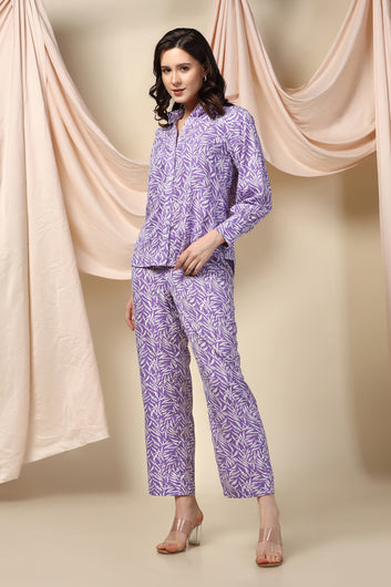 Womens Purple BSY Polyester Leaf Printed Top With Trouser Set