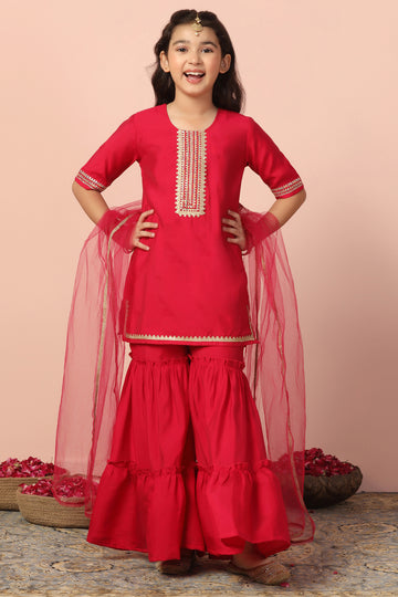 Girl's Chanderi Silk Rani Short kurta, Sharara with Dupatta Set