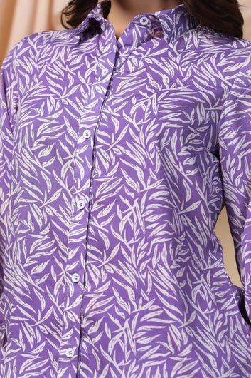 Womens Purple BSY Polyester Leaf Printed Top With Trouser Set