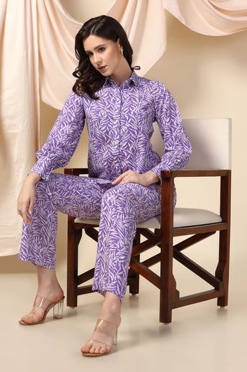 Womens Purple BSY Polyester Leaf Printed Top With Trouser Set