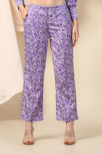 Womens Purple BSY Polyester Leaf Printed Top With Trouser Set