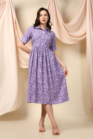 Womens Purple BSY Polyester Fashionable Printed Calf length Dress