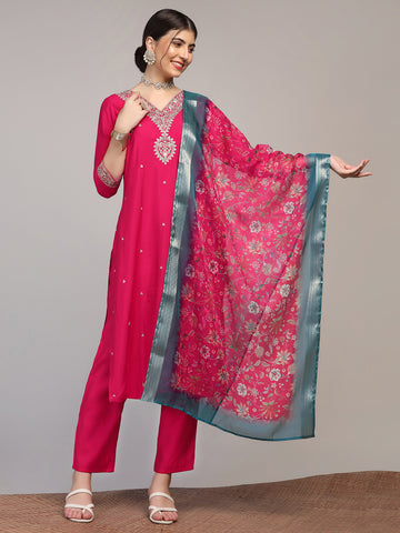 Womens Dark Pink Silk Blend Embroidered Ankle Length Straight Kurta And Pant With Dupatta Set