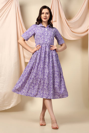 Womens Purple BSY Polyester Fashionable Printed Calf length Dress