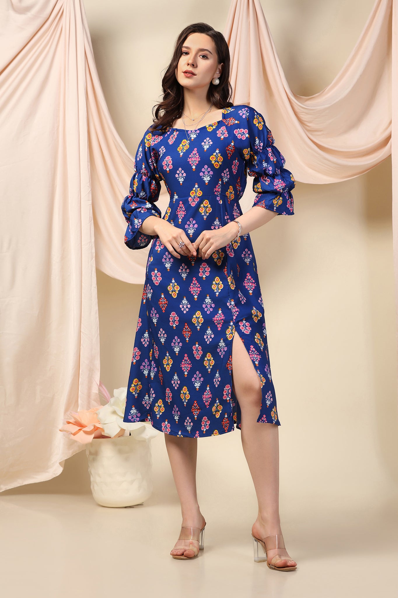 Womens Blue American BSY Floral Printed Knee Length Dress