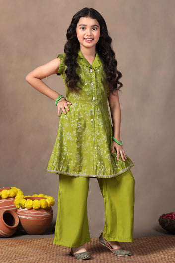 Girl's Olive Roman Silk Foil Printed Salwar Suit Set