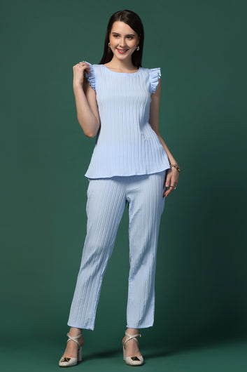 Womens Sky Blue Cotton Blend Solid Top With Trouser Set