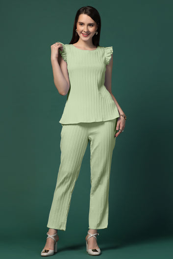 Womens Pista Cotton Blend Solid Top With Trouser Set