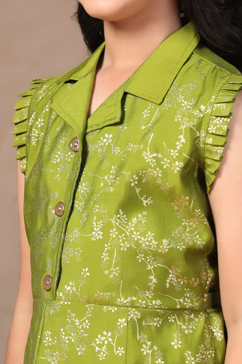 Girl's Olive Roman Silk Foil Printed Salwar Suit Set