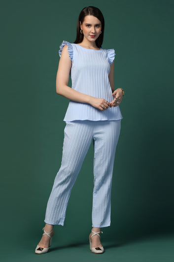 Womens Sky Blue Cotton Blend Solid Top With Trouser Set