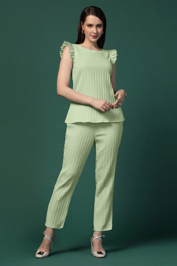 Womens Pista Cotton Blend Solid Top With Trouser Set