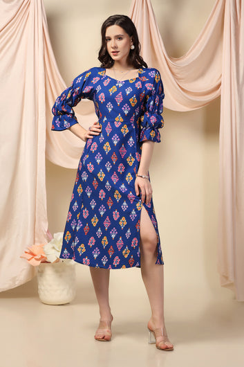 Womens Blue American BSY Floral Printed Knee Length Dress