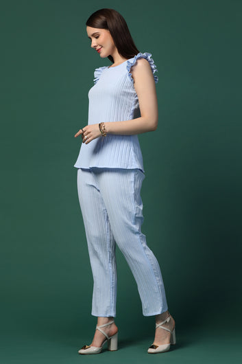 Womens Sky Blue Cotton Blend Solid Top With Trouser Set