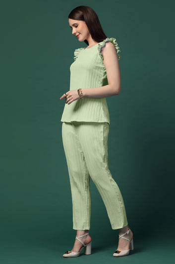 Womens Pista Cotton Blend Solid Top With Trouser Set