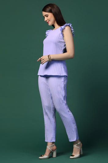 Womens Lavender Cotton Blend Solid Top With Trouser Set