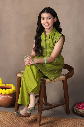 Girl's Olive Roman Silk Foil Printed Salwar Suit Set