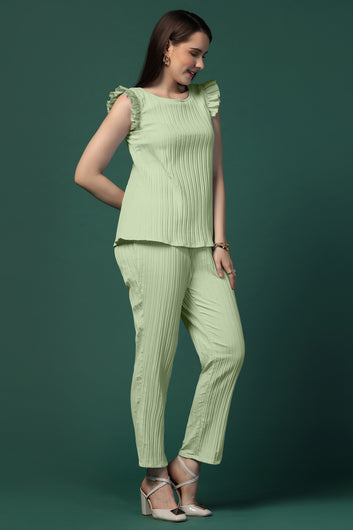 Womens Pista Cotton Blend Solid Top With Trouser Set