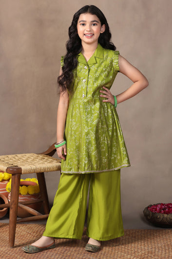 Girl's Olive Roman Silk Foil Printed Salwar Suit Set