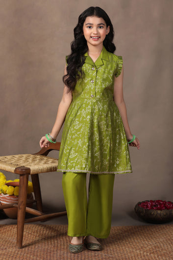 Girl's Olive Roman Silk Foil Printed Salwar Suit Set