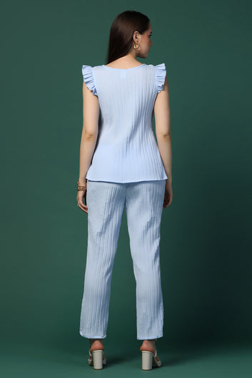 Womens Sky Blue Cotton Blend Solid Top With Trouser Set