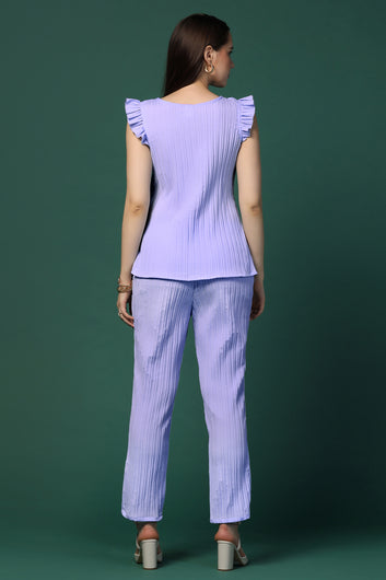 Womens Lavender Cotton Blend Solid Top With Trouser Set