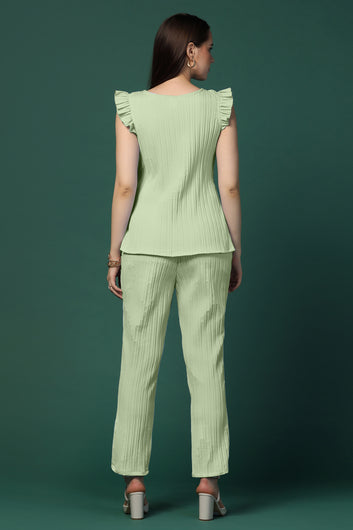 Womens Pista Cotton Blend Solid Top With Trouser Set