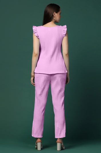 Womens Lilac Cotton Blend Solid Top With Trouser Set