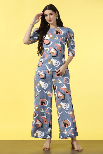 Womens Grey Cotton Blend Abstract Printed co-ord Sets